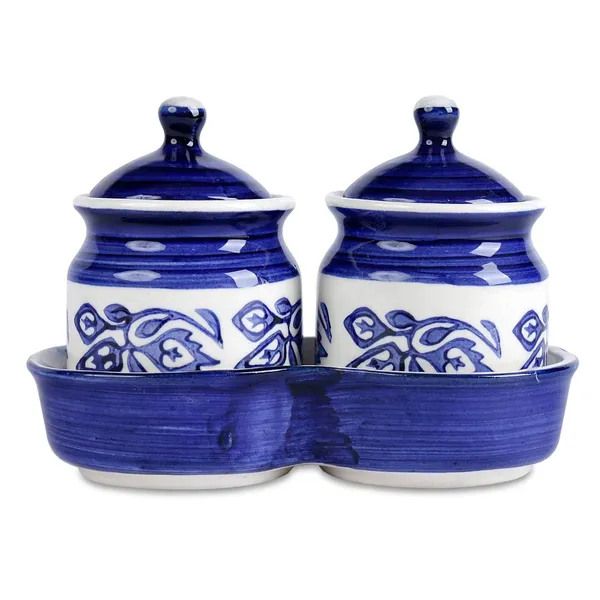 Ceramic_Jars_With_Lid_And_Holding_Tray_Multipurpose_Barni_For_Chutney,_Pickle_Jar_Storage_Container,_Dining_Table_Container_Set_(Pack_Of_2,_Multi-Color)_(White_&_Blue)