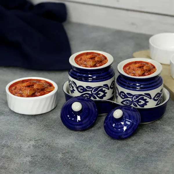 Ceramic_Jars_With_Lid_And_Holding_Tray_Multipurpose_Barni_For_Chutney,_Pickle_Jar_Storage_Container,_Dining_Table_Container_Set_(Pack_Of_2,_Multi-Color)_(White_&_Blue)