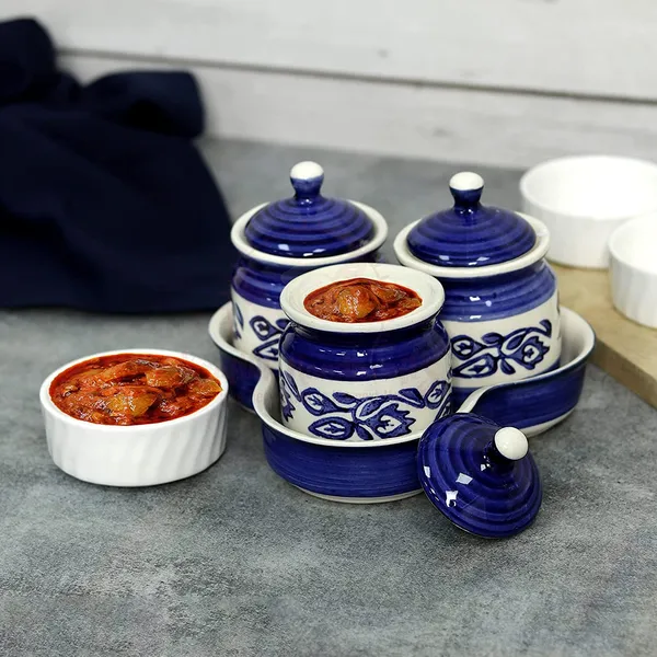 Ceramic_Jars_With_Lid_And_Holding_Tray_|_Multipurpose_Barni_For_Chutney_|_Pickle_Jar_|_Storage_Container_|_Dining_Table_Container_Set_(Set_Of_3,_Multi-Color)_(Blue)