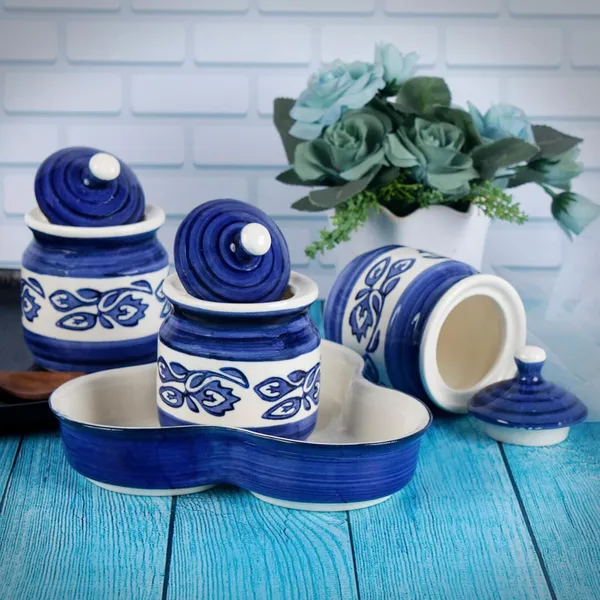 Ceramic_Jars_With_Lid_And_Holding_Tray_|_Multipurpose_Barni_For_Chutney_|_Pickle_Jar_|_Storage_Container_|_Dining_Table_Container_Set_(Set_Of_3,_Multi-Color)_(Blue)