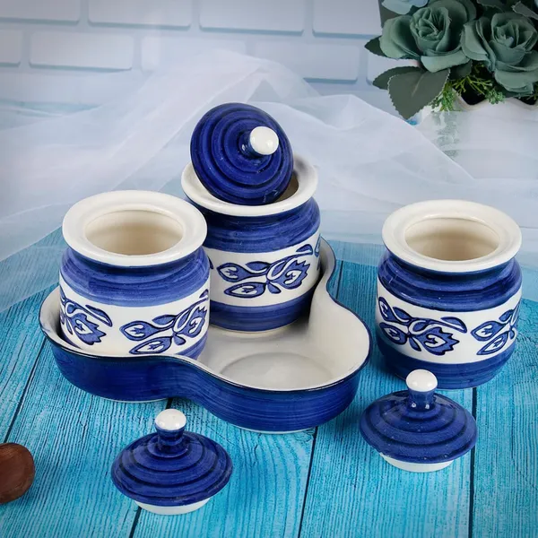 Ceramic_Jars_With_Lid_And_Holding_Tray_|_Multipurpose_Barni_For_Chutney_|_Pickle_Jar_|_Storage_Container_|_Dining_Table_Container_Set_(Set_Of_3,_Multi-Color)_(Blue)