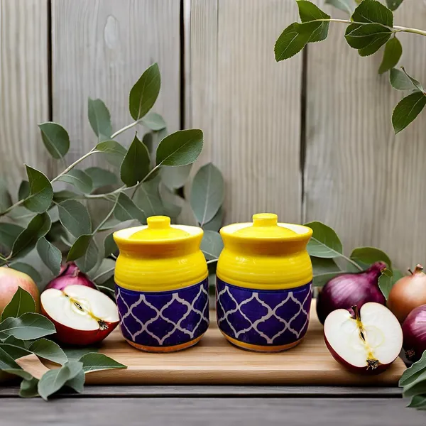 Handicrafts_Pure_Ceramic_Pickle_Jars_With_Unique_Lids_Multipurpose_Ceramic_Barni_For_Chutney_|_Pickle_Jar_Storage_Container_|_Dining_Table_Container_-_(500Ml)_Pack_Of_2_-_Multicolor