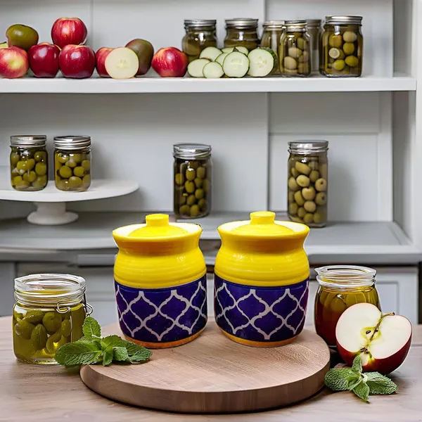 Handicrafts_Pure_Ceramic_Pickle_Jars_With_Unique_Lids_Multipurpose_Ceramic_Barni_For_Chutney_|_Pickle_Jar_Storage_Container_|_Dining_Table_Container_-_(500Ml)_Pack_Of_2_-_Multicolor