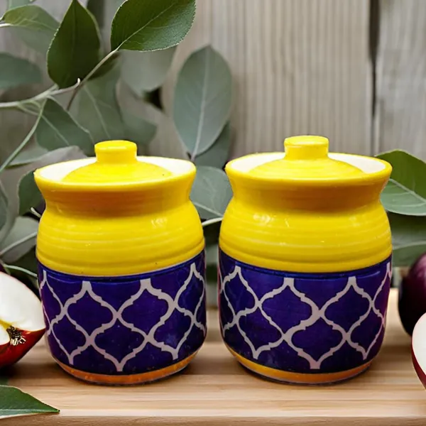 Handicrafts_Pure_Ceramic_Pickle_Jars_With_Unique_Lids_Multipurpose_Ceramic_Barni_For_Chutney_|_Pickle_Jar_Storage_Container_|_Dining_Table_Container_-_(500Ml)_Pack_Of_2_-_Multicolor