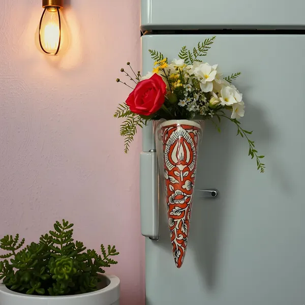 Ceramic_Pottery_Style_Cone_Planter_For_Home_Balcony_And_Living_Room_|_Flower_Vase_Planter_Floral_Cones_Decorative_Wall_Hanging_Planter_Pots_(Red)