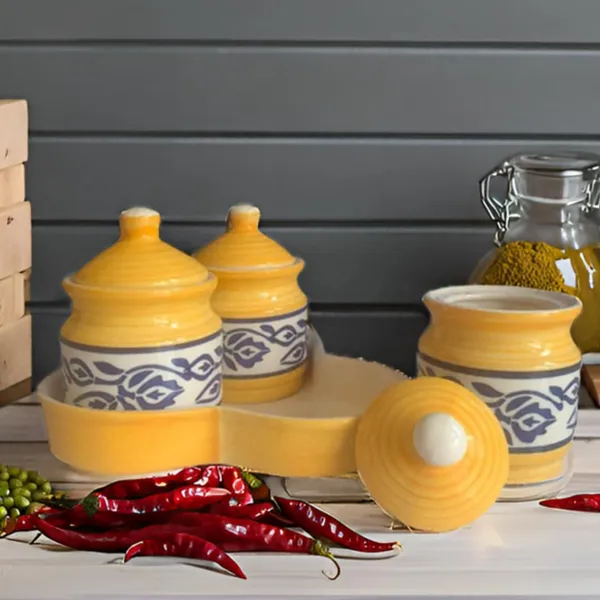 Ceramic_Pickle_Jars_Set_500Ml_Pottery_Storage_Jar_Set_For_Pickle,_Cornichon_Storage_Jar_Set_For_Pickle_Barni_For_Achar_With_Tray_(200_Ml_Each,_Yellow,_Set_Of_3)