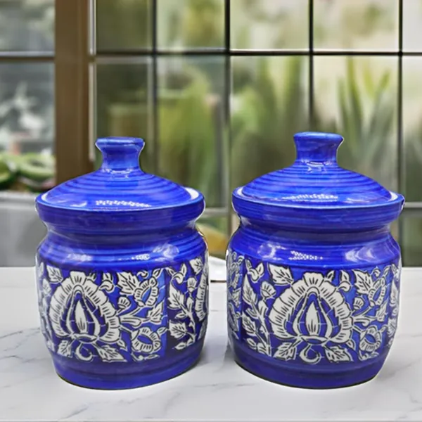 Handicrafts_Ceramic_Pickle_Jars_Set_200Ml_Pottery_Ceramic_Storage_Jar_Set_For_Pickle,_Ceramic_Cornichon_Storage_Jar_Set_For_Pickle_Barni_For_Achar_With_Tray_(200_Ml,_Blue,_Set_Of_2)