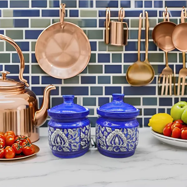 Handicrafts_Ceramic_Pickle_Jars_Set_200Ml_Pottery_Ceramic_Storage_Jar_Set_For_Pickle,_Ceramic_Cornichon_Storage_Jar_Set_For_Pickle_Barni_For_Achar_With_Tray_(200_Ml,_Blue,_Set_Of_2)