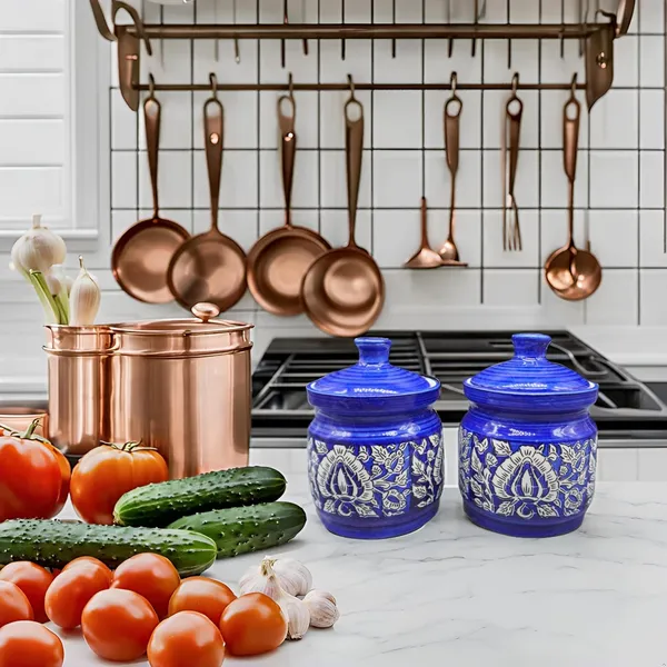 Handicrafts_Ceramic_Pickle_Jars_Set_200Ml_Pottery_Ceramic_Storage_Jar_Set_For_Pickle,_Ceramic_Cornichon_Storage_Jar_Set_For_Pickle_Barni_For_Achar_With_Tray_(200_Ml,_Blue,_Set_Of_2)