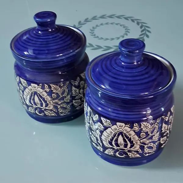 Handicrafts_Ceramic_Pickle_Jars_Set_200Ml_Pottery_Ceramic_Storage_Jar_Set_For_Pickle,_Ceramic_Cornichon_Storage_Jar_Set_For_Pickle_Barni_For_Achar_With_Tray_(200_Ml,_Blue,_Set_Of_2)