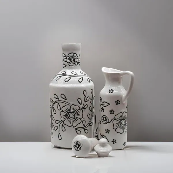 Handicrafts_Ceramic_Oil_Dispenser_Gol_+_Mini_|_Pack_Of_2_|_White_|_1000_Ml+300Ml