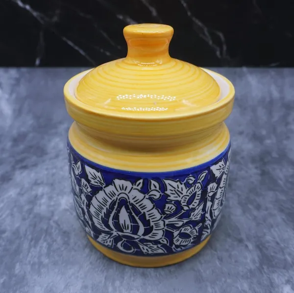Handicrafts_Ceramic_Pickle_Jar_Lid_Multipurpose_Barni_For_Chutney,_Pickle_Jar_Storage_Container,_Dining_Table_Containerv_-_200_Ml_(Pack_Of_1,_Yellow)