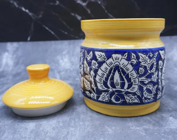 Handicrafts_Ceramic_Pickle_Jar_Lid_Multipurpose_Barni_For_Chutney,_Pickle_Jar_Storage_Container,_Dining_Table_Containerv_-_200_Ml_(Pack_Of_1,_Yellow)
