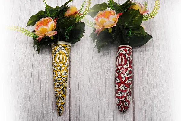 Handicrafts_Ceramic_Pottery_Style_Cone_And_Oval_Planter_For_Home_Balcony_And_Living_Room_|_Flower_Vase_Planter_Decorative_For_Wall_Hanging_Planter_Pots_-_Pack_Of_2_(Red-Oval+_Yellow-Cone)