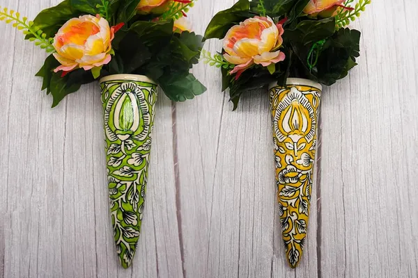 Handicrafts_Ceramic_Pottery_Style_Cone_Planter_For_Home_Balcony_And_Living_Room_|_Flower_Vase_Planter_Floral_Cones_Decorative_Wall_Hanging_Planter_Pots_(Cone_(Green+Yellow))