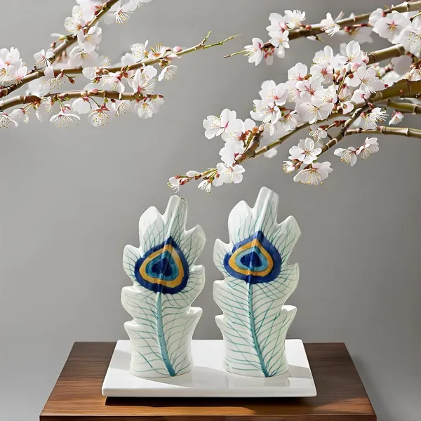 _Ceramic_Peacock_Feather_Flower_Vases_Off-White_(Pack_Of_2)_|_Handcrafted_Planter_Pots_For_Home_Decor,_Center_Table,_Shelf_&_Bedroom_Corners
