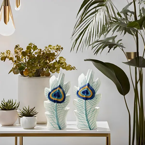 _Ceramic_Peacock_Feather_Flower_Vases_Off-White_(Pack_Of_2)_|_Handcrafted_Planter_Pots_For_Home_Decor,_Center_Table,_Shelf_&_Bedroom_Corners