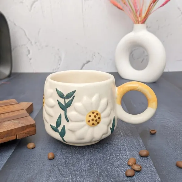 Sunflower_Blossom_Sculpted_Handmade_Ceramic_Cup_Gift_To_Best_Friend_Coffee/Tea/Milk/Green_Tea/Cold_Coffee_Mugs/Cup_Microwave,_Dishwasher_Safe_-_Sunflower_250_Ml_(Set_Of_1)