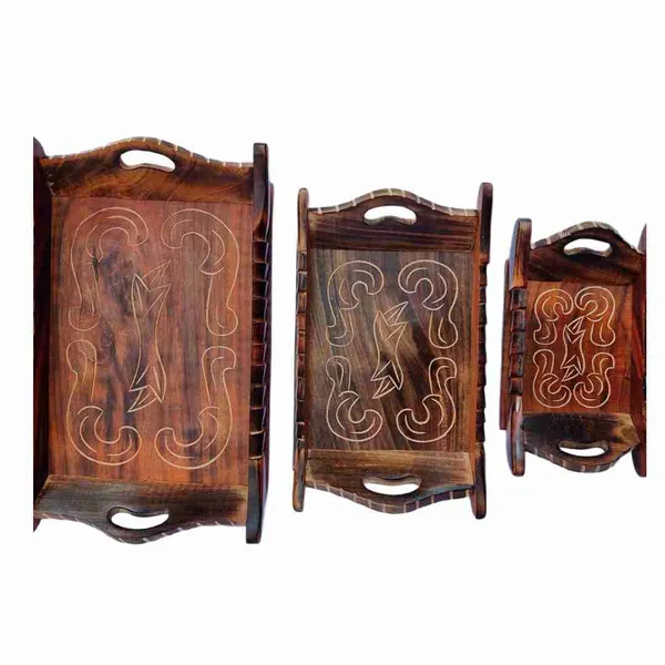 Wooden_Decorative_Serving_Trolley_With_Bowls|Multipurpose_Tray_For_Namkeen,Dry_Fruits,Snacks|Handmade_Brown_Finish|Tableware|Dinnerware|Rectangular_Serving_Trays|Set_Of_3