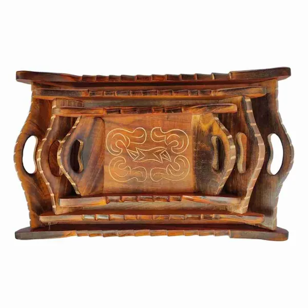 Wooden_Decorative_Serving_Trolley_With_Bowls|Multipurpose_Tray_For_Namkeen,Dry_Fruits,Snacks|Handmade_Brown_Finish|Tableware|Dinnerware|Rectangular_Serving_Trays|Set_Of_3