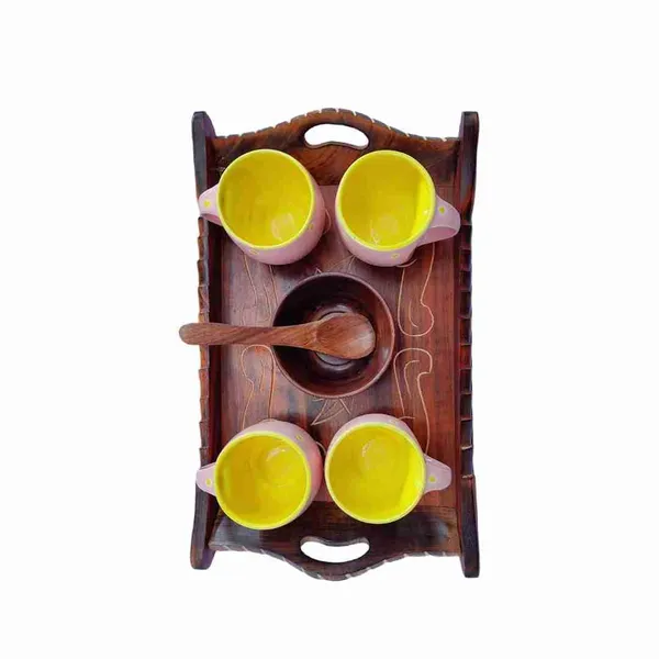Wooden_Decorative_Serving_Trolley_With_Bowls|Multipurpose_Tray_For_Namkeen,Dry_Fruits,Snacks|Handmade_Brown_Finish|Tableware|Dinnerware|Rectangular_Serving_Trays|Set_Of_3