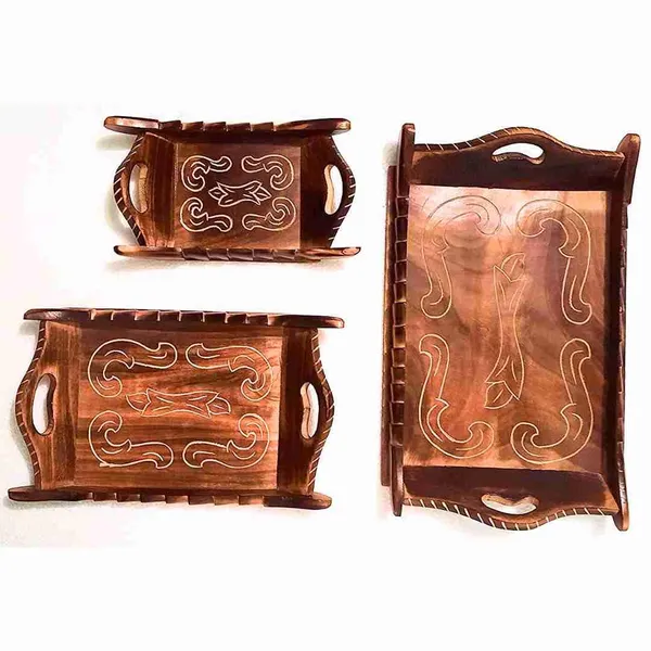 Wooden_Decorative_Serving_Trolley_With_Bowls|Multipurpose_Tray_For_Namkeen,Dry_Fruits,Snacks|Handmade_Brown_Finish|Tableware|Dinnerware|Rectangular_Serving_Trays|Set_Of_3