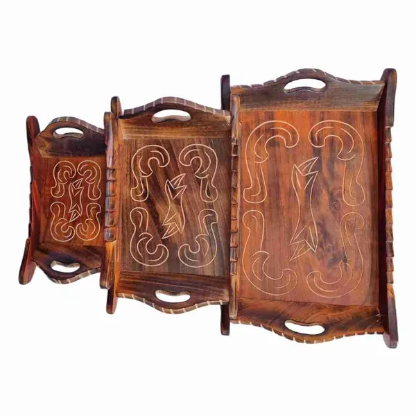 Wooden_Decorative_Serving_Trolley_With_Bowls|Multipurpose_Tray_For_Namkeen,Dry_Fruits,Snacks|Handmade_Brown_Finish|Tableware|Dinnerware|Rectangular_Serving_Trays|Set_Of_3