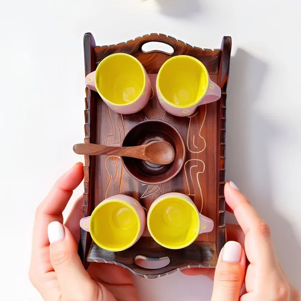 Wooden_Decorative_Serving_Trolley_With_Bowls|Multipurpose_Tray_For_Namkeen,Dry_Fruits,Snacks|Handmade_Brown_Finish|Tableware|Dinnerware|Rectangular_Serving_Trays|Set_Of_3