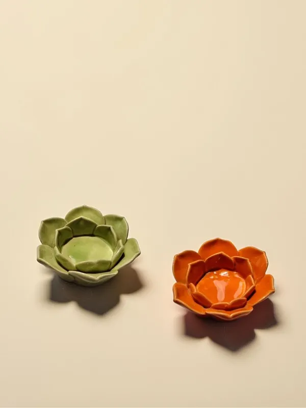 Ceramic_Flower_Candle_Holder_Lotus_Diya_Set_Of_2_|_Decorative_Tealight_Holder_For_Pooja_Room,_Temple_&_Home_Decor_|_Traditional_Festival_Decoration_(Green-Ornage)