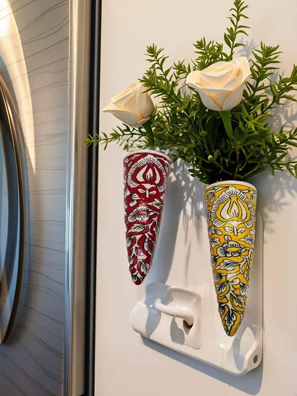 Kraftlik_Handicrafts_Ceramic_Pottery_Style_Cone_Planter_for_Home_Balcony_and_Living_Room_|_Flower_Vase_Planter_Floral_Cones_Decorative_Wall_Hanging_Planter_Pots__Red-Yellow