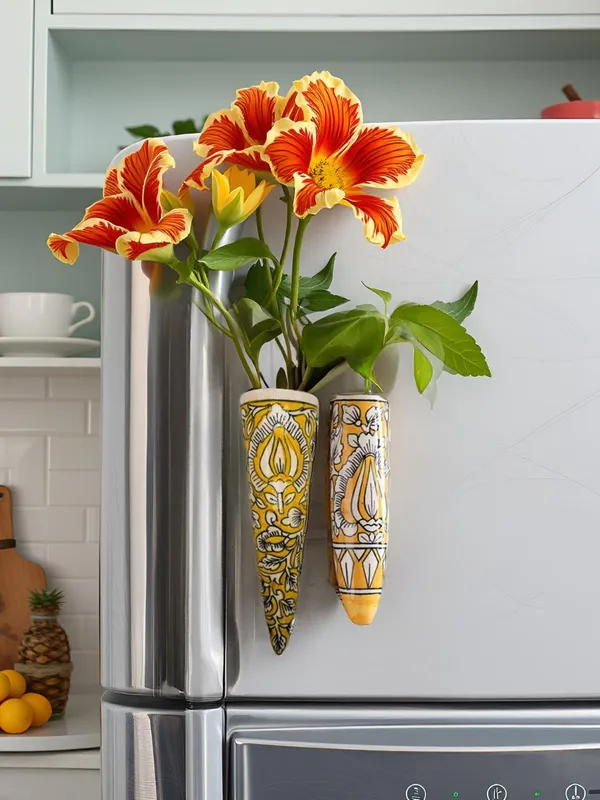 Kraftlik_Handicrafts_Ceramic_Pottery_Style_Cone_and_Oval_Planter_for_Home_Balcony_and_Living_Room_|_Flower_Vase_Planter_Decorative_for_Wall_Hanging_Planter_Pots_-_Pack_of_2_(Yellow-Oval+_Yellow-Cone)