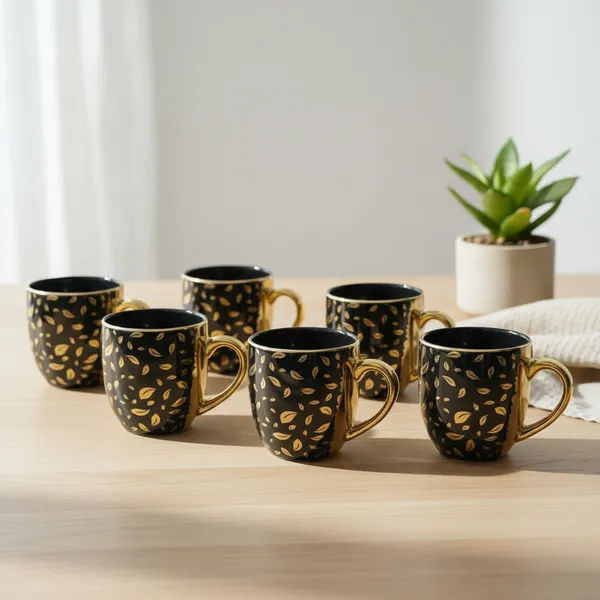Kraftlik_Handicrafts_Ceramic_Tea_Cup_Set_of_6_(200_ml)_|_Clock_Print_Chai_Cups_|_Microwave_&_Dishwasher_Safe_|_Tea_&_Coffee_Cups_for_Home,_Office_&_Gifting_(Golden_Leaf_Black_Tea_Cup_Set_of_6)