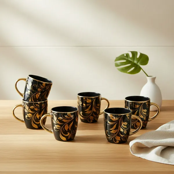 Kraftlik_Handicrafts_Ceramic_Tea_Cup_Set_of_6_(200_ml)_|_Clock_Print_Chai_Cups_|_Microwave_&_Dishwasher_Safe_|_Tea_&_Coffee_Cups_for_Home,_Office_&_Gifting_(Golden_Leaf_Black_Tea_Cup_Set_of_6)