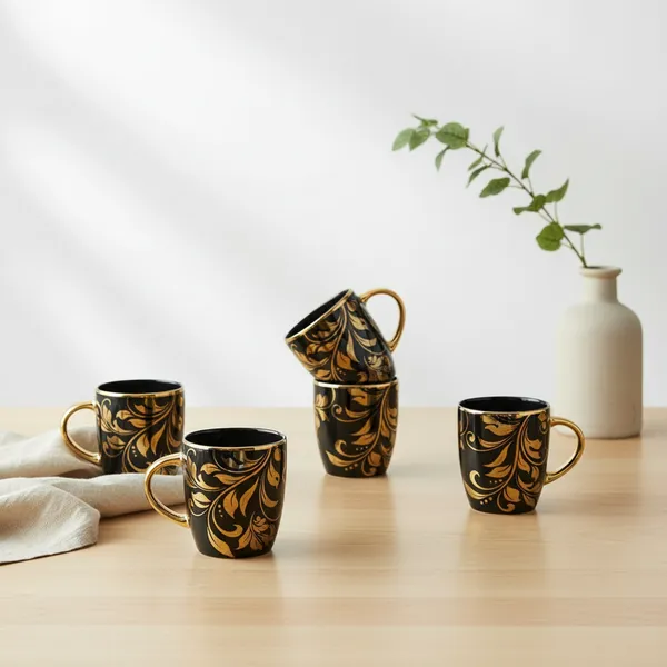 Kraftlik_Handicrafts_Ceramic_Tea_Cup_Set_of_6_(200_ml)_|_Clock_Print_Chai_Cups_|_Microwave_&_Dishwasher_Safe_|_Tea_&_Coffee_Cups_for_Home,_Office_&_Gifting_(Golden_Leaf_Black_Tea_Cup_Set_of_6)