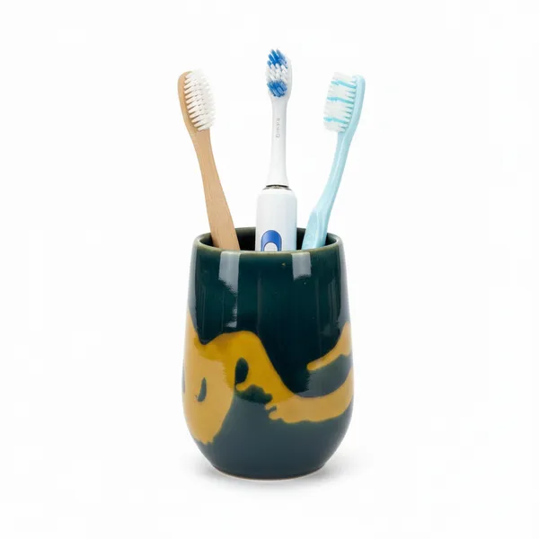 Kraftlik_Handicrafts_Ceramic_Toothbrush_Holder_for_Bathroom_|_Decorative_Design_Toothbrush_Stand_|_Glazed_Bathroom_Counter_Organizer_|_Toothpaste_&_Brush_Holder_|_Pack_of_1_(Green)