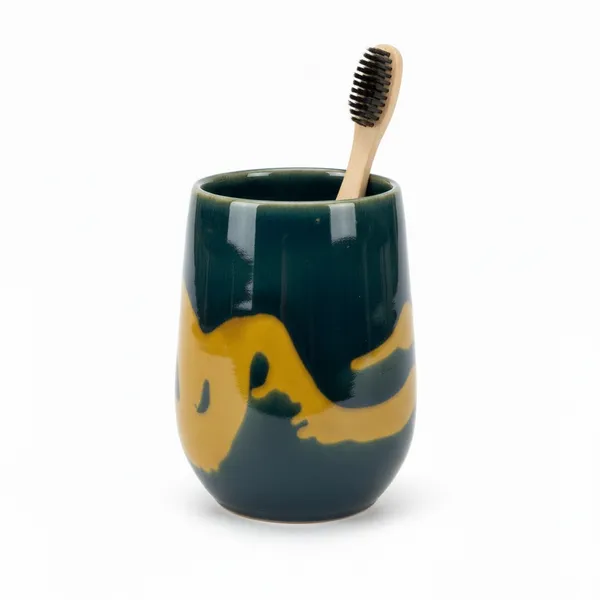 Kraftlik_Handicrafts_Ceramic_Toothbrush_Holder_for_Bathroom_|_Decorative_Design_Toothbrush_Stand_|_Glazed_Bathroom_Counter_Organizer_|_Toothpaste_&_Brush_Holder_|_Pack_of_1_(Green)
