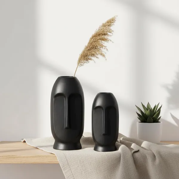 Kraftlik_Handicrafts_Face_Shape_Ceramic_Vase_|_Artistic_Flower_Pot_&_Planter_for_Home_Décor_|_Tabletop,_Bedroom_&_Corner_Decoration_(Face_Vase_(Black)_(Small_&_Big)_Set)