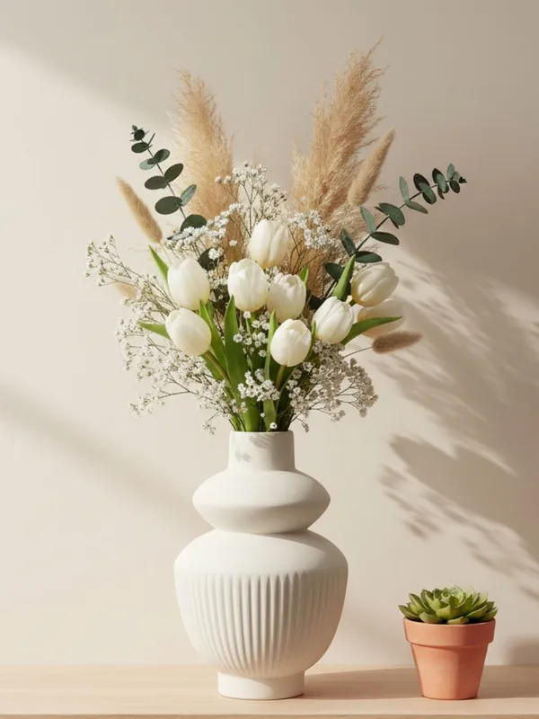 Kraftlik_Handicrafts_White_Ceramic_Temple_Vase_for_Home_Décor_|_Modern_Ribbed_Decorative_Flower_Vase_for_Living_Room,_Bedroom_&_Office_(Temple_Vase_White_(Pack_of_1)-Small)