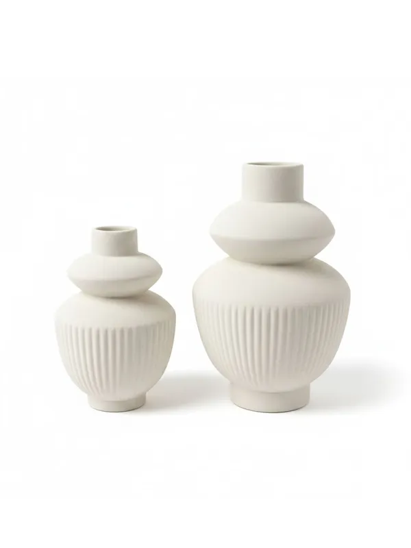Kraftlik_Handicrafts_White_Ceramic_Temple_Vase_for_Home_Décor_|_Modern_Ribbed_Decorative_Flower_Vase_for_Living_Room,_Bedroom_&_Office_(Temple_Vase_White_(Pack_of_2)-Large_&_Small)