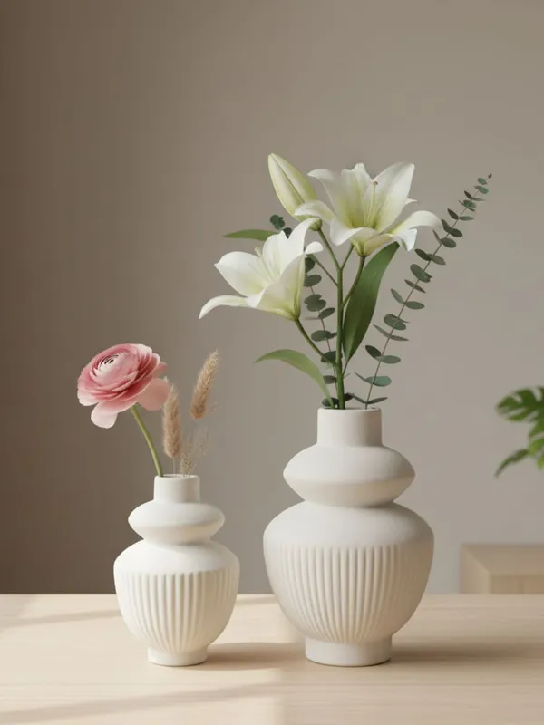 Kraftlik_Handicrafts_White_Ceramic_Temple_Vase_for_Home_Décor_|_Modern_Ribbed_Decorative_Flower_Vase_for_Living_Room,_Bedroom_&_Office_(Temple_Vase_White_(Pack_of_2)-Large_&_Small)