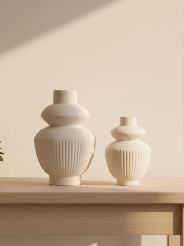 Kraftlik_Handicrafts_White_Ceramic_Temple_Vase_for_Home_Décor_|_Modern_Ribbed_Decorative_Flower_Vase_for_Living_Room,_Bedroom_&_Office_(Temple_Vase_White_(Pack_of_2)-Large_&_Small)