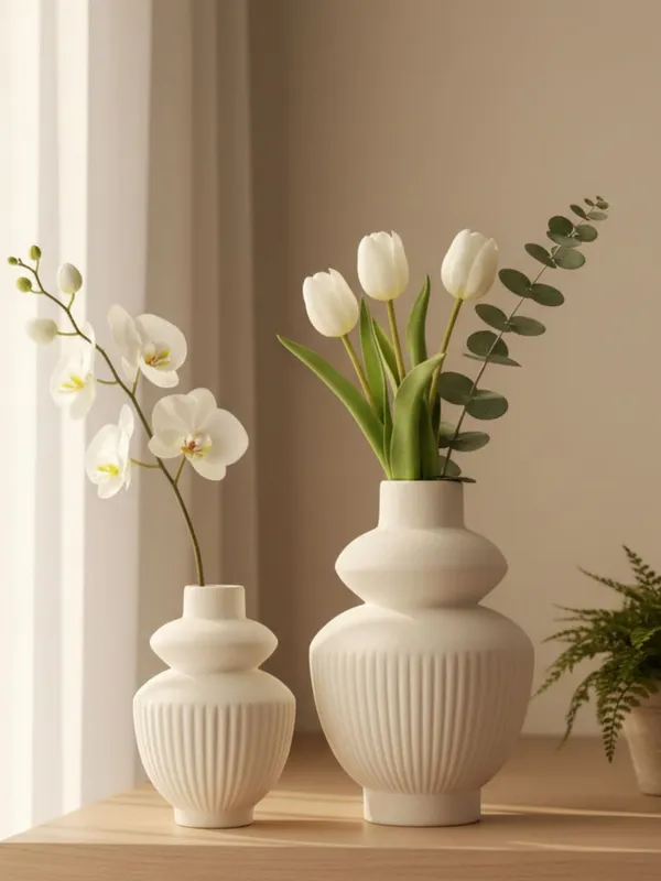 Kraftlik_Handicrafts_White_Ceramic_Temple_Vase_for_Home_Décor_|_Modern_Ribbed_Decorative_Flower_Vase_for_Living_Room,_Bedroom_&_Office_(Temple_Vase_White_(Pack_of_2)-Large_&_Small)