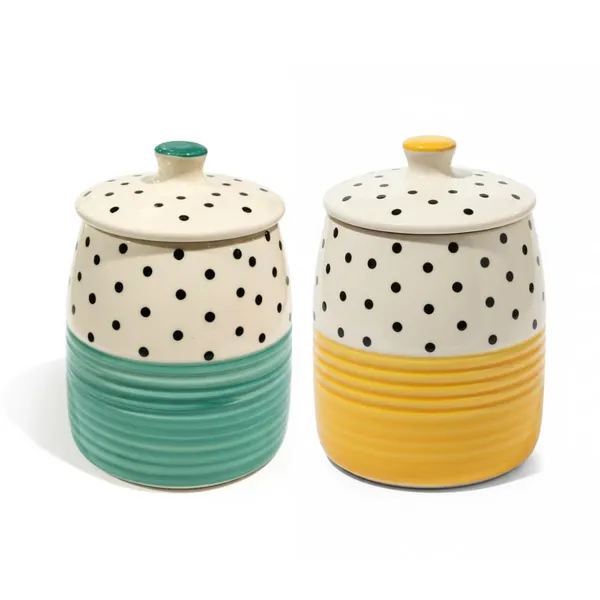Kraftlik_Handicrafts_Polka_Dot_Ceramic_Storage_Jar_with_Lid_|_Airtight_Kitchen_Container_for_Sugar,_Tea_&_Coffee_(Yellow_+_Green_Polka_Dot_Jar_(Set_of_2))