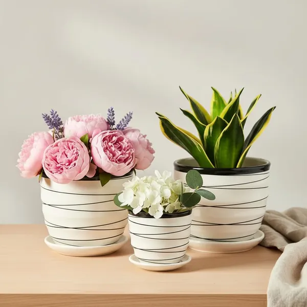 Kraftlik_Handicrafts_Modern_Ceramic_Planter_Pots_Set_of_3_(Small,_Medium,_Large)_with_Matching_Saucers,_White_Round_Indoor_Outdoor_Planters_with_Black_Rim_&_Stripe_Design_for_Home_Office_D?cor