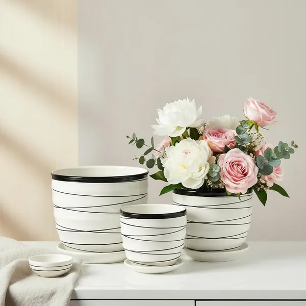 Kraftlik_Handicrafts_Modern_Ceramic_Planter_Pots_Set_of_3_(Small,_Medium,_Large)_with_Matching_Saucers,_White_Round_Indoor_Outdoor_Planters_with_Black_Rim_&_Stripe_Design_for_Home_Office_D?cor