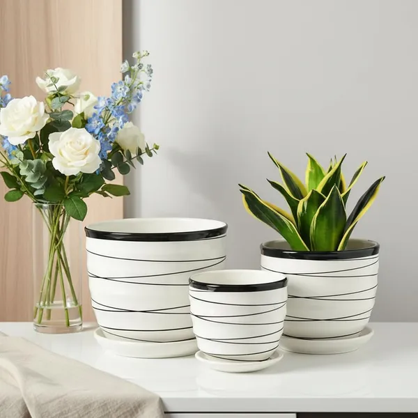 Kraftlik_Handicrafts_Modern_Ceramic_Planter_Pots_Set_of_3_(Small,_Medium,_Large)_with_Matching_Saucers,_White_Round_Indoor_Outdoor_Planters_with_Black_Rim_&_Stripe_Design_for_Home_Office_D?cor