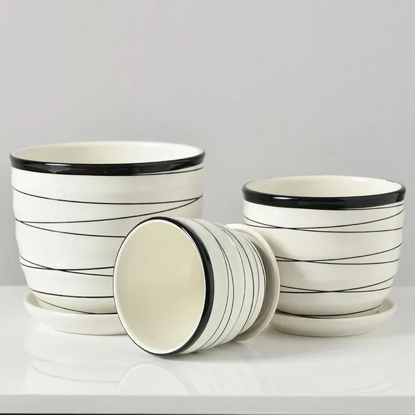 Kraftlik_Handicrafts_Modern_Ceramic_Planter_Pots_Set_of_3_(Small,_Medium,_Large)_with_Matching_Saucers,_White_Round_Indoor_Outdoor_Planters_with_Black_Rim_&_Stripe_Design_for_Home_Office_D?cor