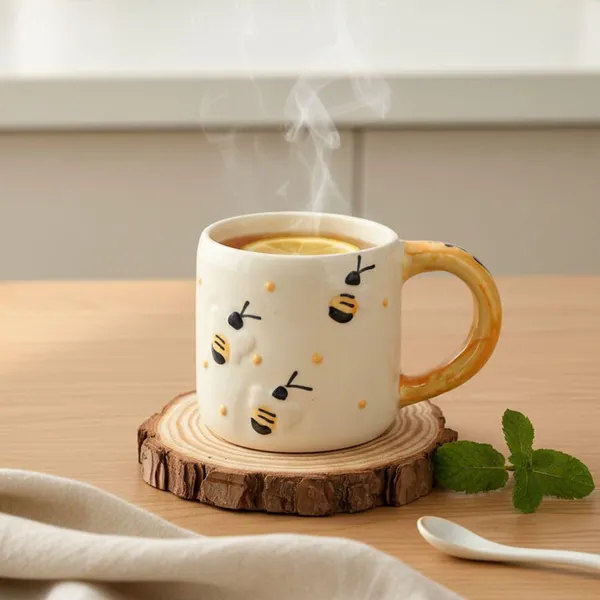 Kraftlik_Handicrafts_Honey_Bee_Design_Ceramic_Mug_|_Yellow_Handle_Coffee,_Tea_&_Milk_Cup_for_Kids_&_Adults_|_Handcrafted_Breakfast_Mug_for_Home,_Kitchen,_Office,_Gifting_&_Evening_Snacks_(Pack_of_1)