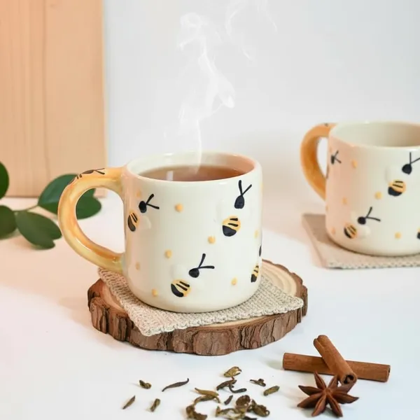 Kraftlik_Handicrafts_Honey_Bee_Design_Ceramic_Mug_|_Yellow_Handle_Coffee,_Tea_&_Milk_Cup_for_Kids_&_Adults_|_Handcrafted_Breakfast_Mug_for_Home,_Kitchen,_Office,_Gifting_&_Evening_Snacks_(Pack_of_1)