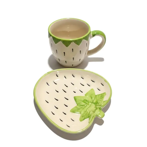 Kraftlik_Handicrafts_Strawberry_Shaped_Ceramic_Cup_with_Leaf_Plate_|_Cute_Fruit_Design_Tea_&_Coffee_Mug_Set_|_Handcrafted_Ceramic_Drinkware_for_Home_&_Gifting_(Pack_of_1)_(Green)